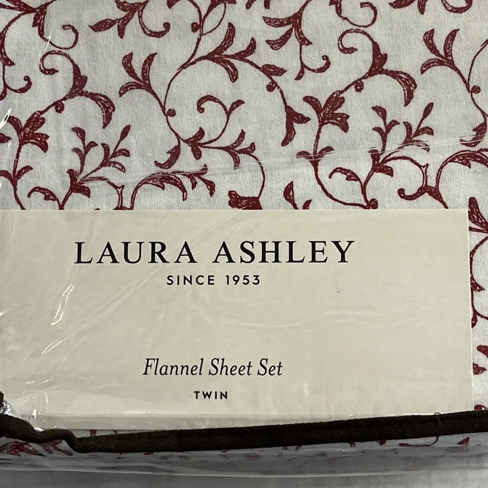 Laura‎ Ashley Flannel Sheet Set Twin Cotton Anna Scroll White Red All Over Print
